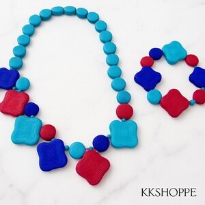 16" Necklace & 7.75" Stretch Bracelet Set Bright Woven Acrylic Beads Multicolor